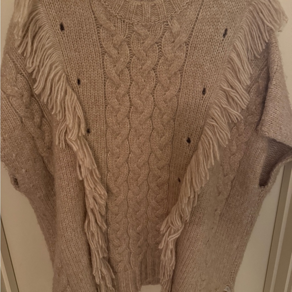 aerie Beige Cable-Knit Fringe Vest Sweater